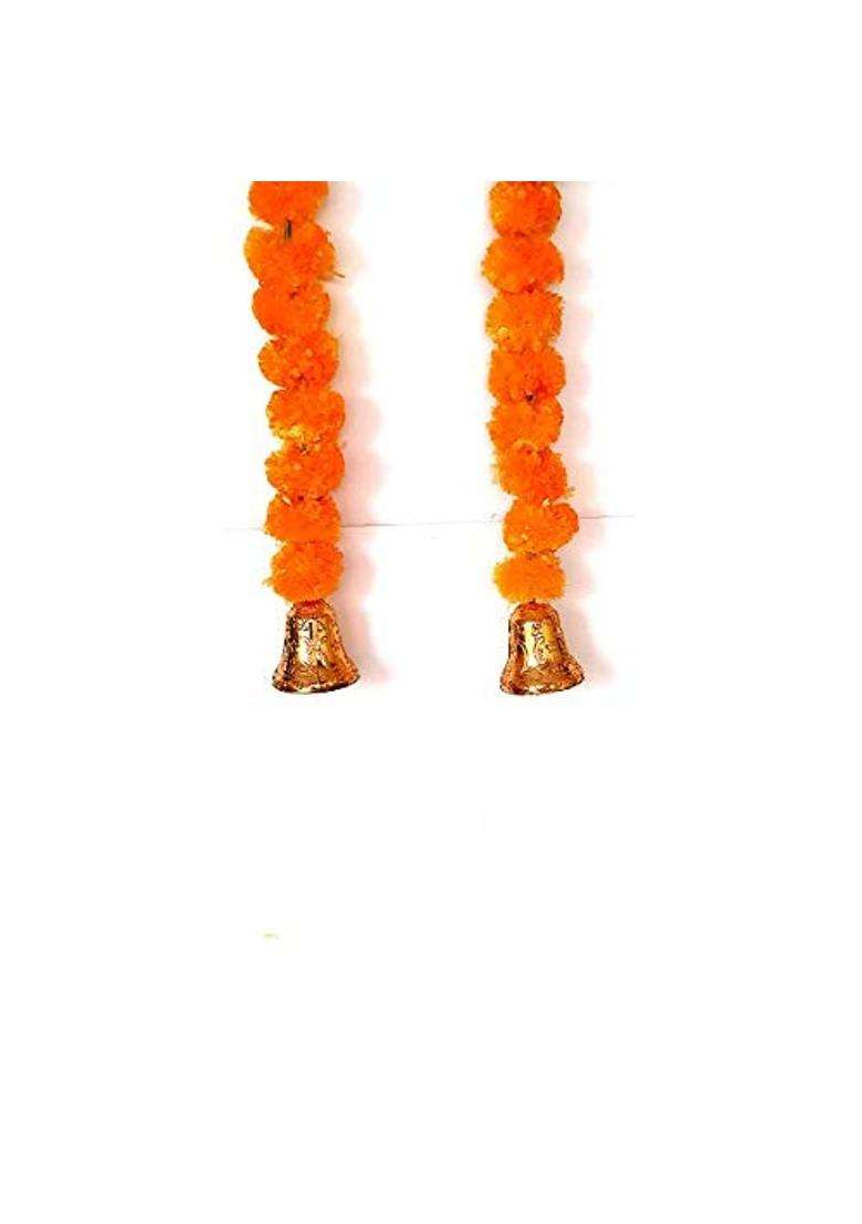 Prahll Artificial Marigold Flower Garlands Hanging Toran for Door N Wall with 3 INCH Golden Bell Light Orange - Indya