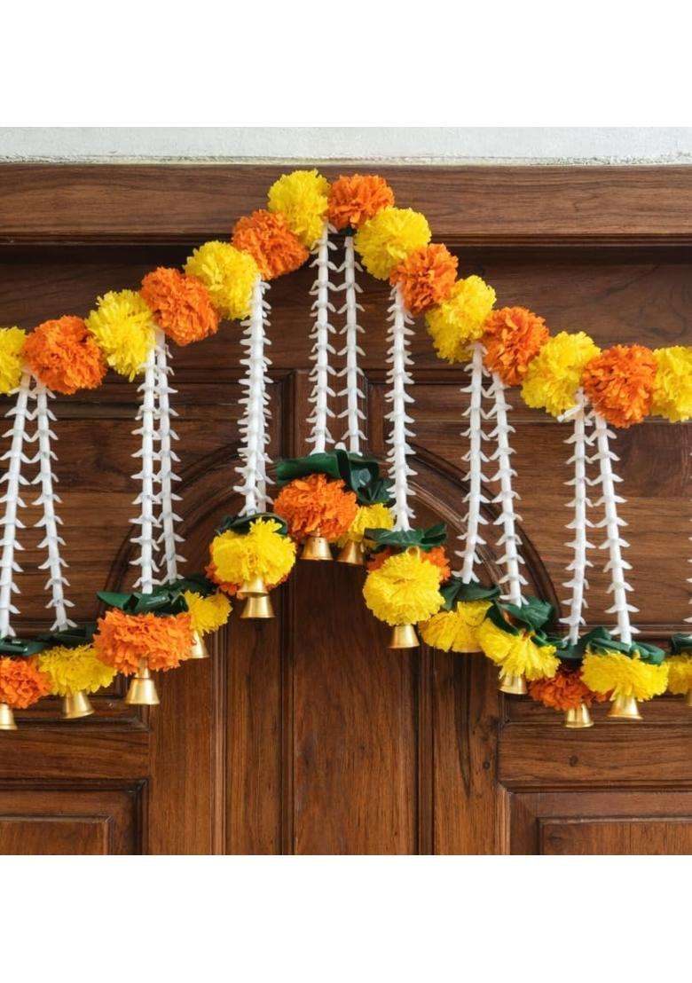 Sellplus Artificial Marigold Flower with Bell Bandhanwar Door Decoration Wedding Haldi Party Decor Diwali - Indya