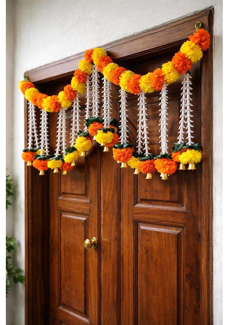 Sellplus Artificial Marigold Flower with Bell Bandhanwar Door Decoration Wedding Haldi Party Decor Diwali - Indya