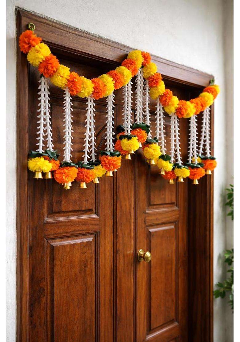 Sellplus Artificial Marigold Flower with Bell Bandhanwar Door Decoration Wedding Haldi Party Decor Diwali - Indya