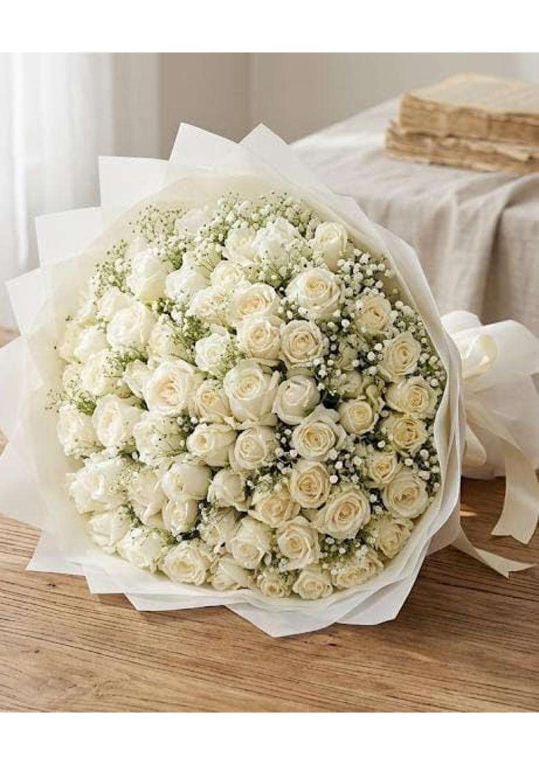 Florist Collection Artificial Flowers Bouquet Handmade White Floral Bouquet with Seasonal Fillers and Paper - Indya
