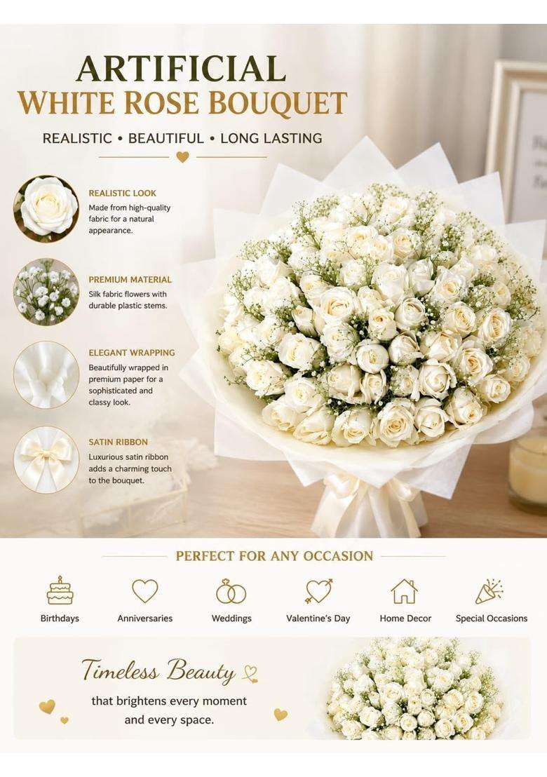 Florist Collection Artificial Flowers Bouquet Handmade White Floral Bouquet with Seasonal Fillers and Paper - Indya