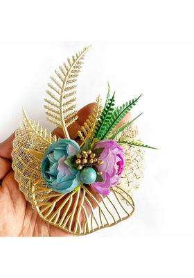 Adikala Artificial 2 Peonies Golden Leaf Flower Bunch for Hamper Flower Brooch Hamper for Decoration Gifting