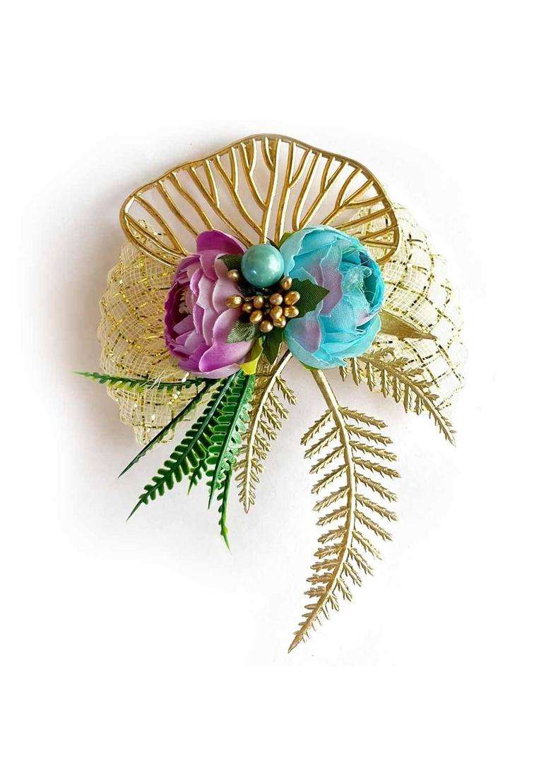 Adikala Artificial 2 Peonies Golden Leaf Flower Bunch for Hamper Flower Brooch Hamper for Decoration Gifting - Indya