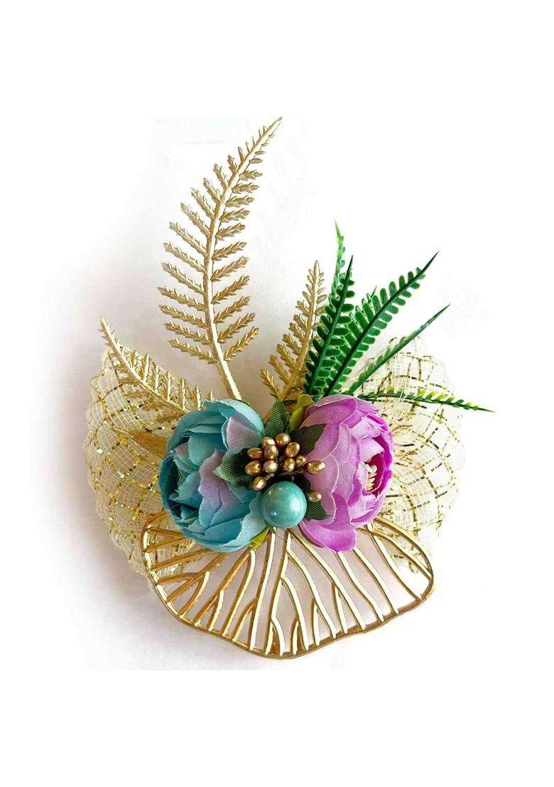 Adikala Artificial 2 Peonies Golden Leaf Flower Bunch for Hamper Flower Brooch Hamper for Decoration Gifting - Indya