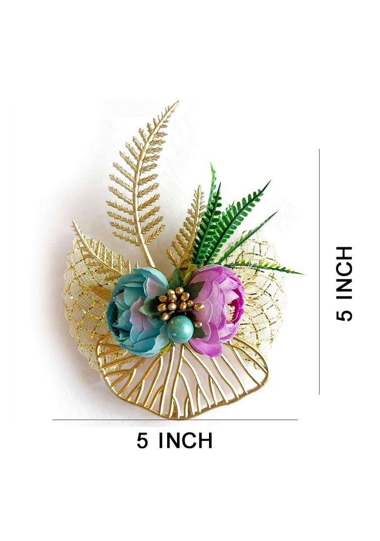 Adikala Artificial 2 Peonies Golden Leaf Flower Bunch for Hamper Flower Brooch Hamper for Decoration Gifting - Indya