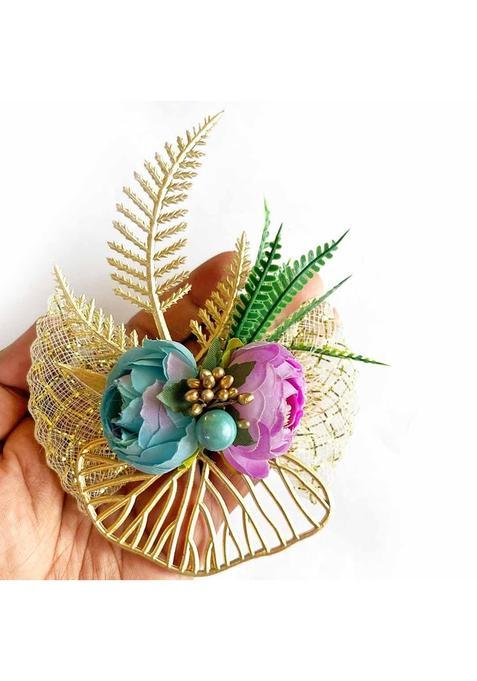 Adikala Artificial 2 Peonies Golden Leaf Flower Bunch for Hamper Flower Brooch Hamper for Decoration Gifting