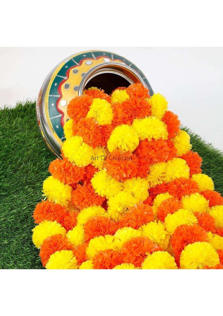 Art of Creation Artificial Marigold Garland Multi Flower Phool Mala Toran for Home Temple Decoration Pack of 30 - Indya