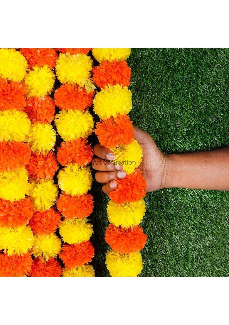Art of Creation Artificial Marigold Garland Multi Flower Phool Mala Toran for Home Temple Decoration Pack of 30 - Indya
