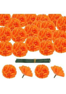 Minelife 50 Pcs Marigold Flower Heads Bulk Artificial Mexican Flowers Silk Fake Marigold Heads with Stems