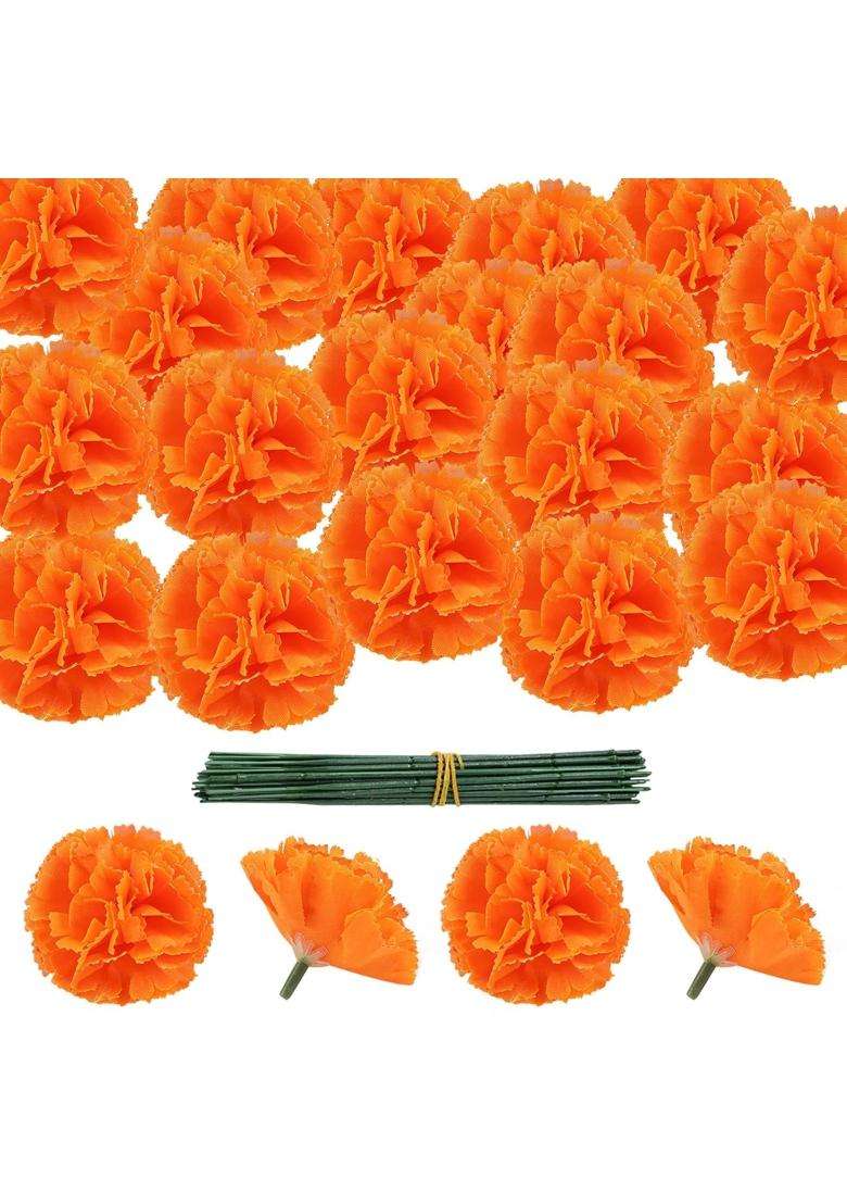Minelife 50 Pcs Marigold Flower Heads Bulk Artificial Mexican Flowers Silk Fake Marigold Heads with Stems - Indya