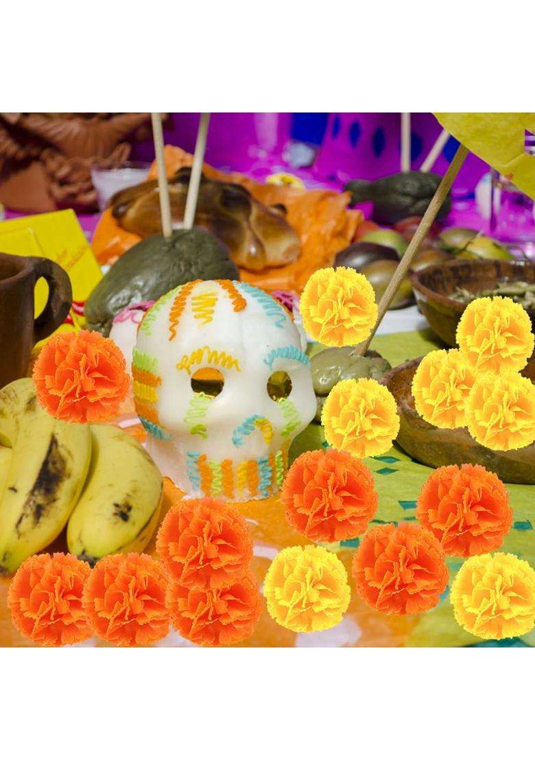 Minelife 50 Pcs Marigold Flower Heads Bulk Artificial Mexican Flowers Silk Fake Marigold Heads with Stems - Indya