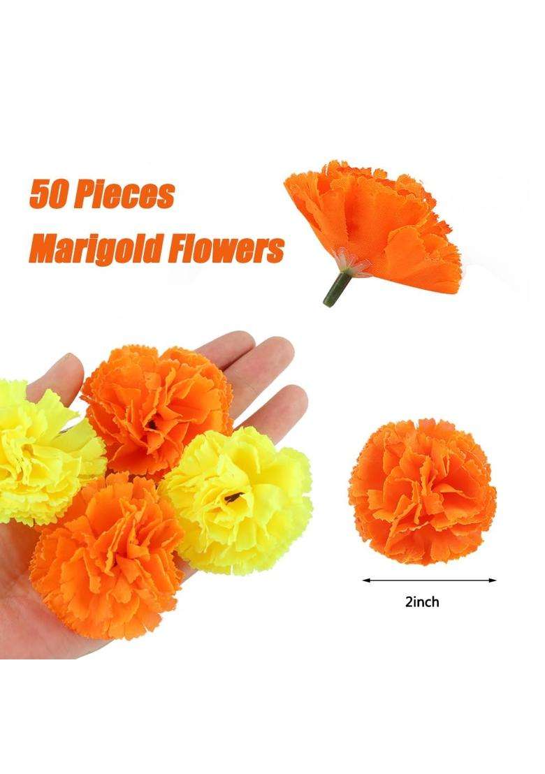 Minelife 50 Pcs Marigold Flower Heads Bulk Artificial Mexican Flowers Silk Fake Marigold Heads with Stems - Indya