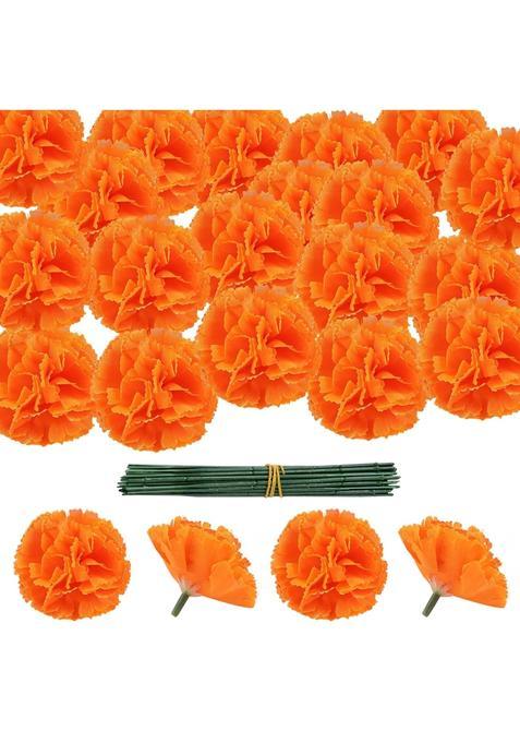 Minelife 50 Pcs Marigold Flower Heads Bulk Artificial Mexican Flowers Silk Fake Marigold Heads with Stems