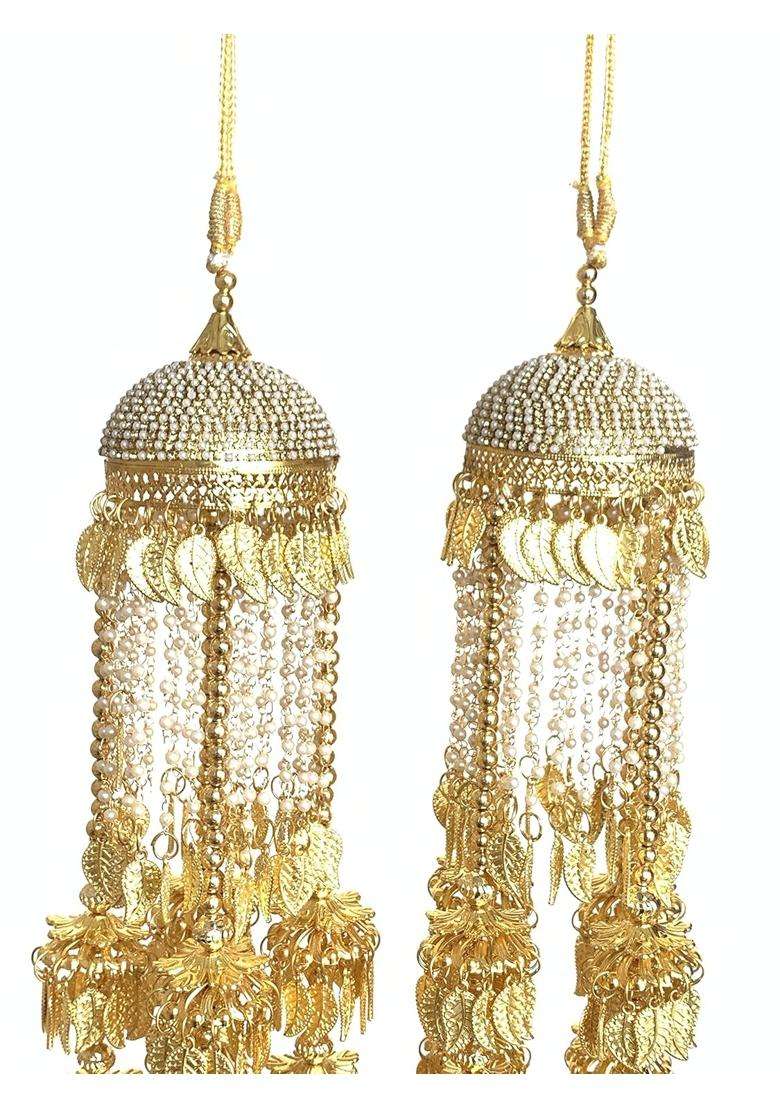 Darshan LAL and SONS Golden Metal Kaleera Kalira with Long Pearl Chain and Leaf Design for Girls - Indya