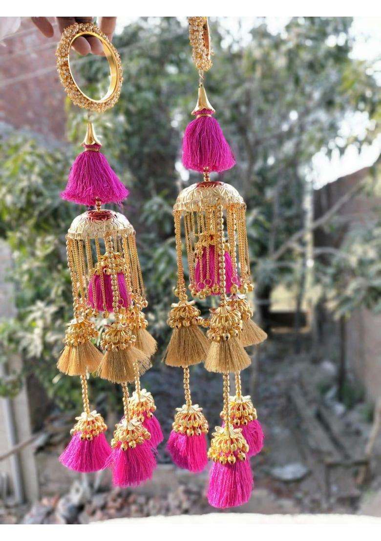 RKM Collections Kalire Pearl Kalire with Pink and Golden Tassel Attached with Pearl Bangles Size - Indya