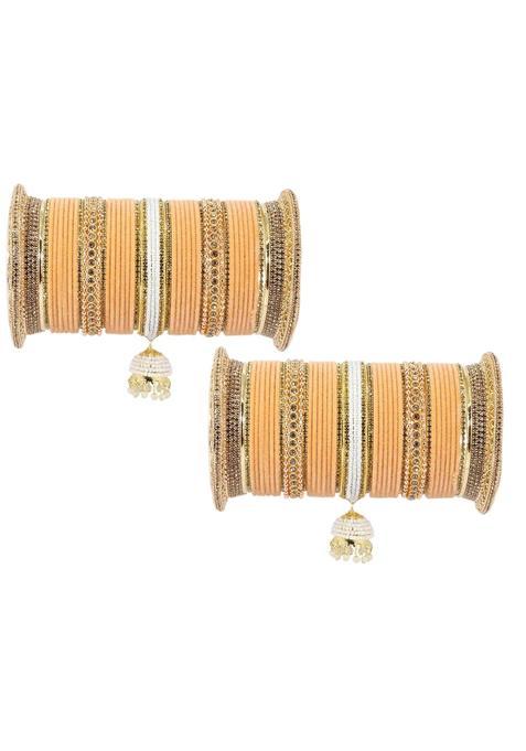 NMII Peach Non Precious Metal with Base Metal and Zircon Gemstone with Pearls Studded Glossy Finished Kaleere