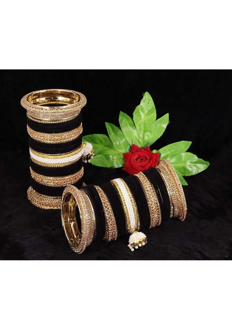Zulka Black Non Precious Metal with Base Metal and Zircon Gemstone with Pearls Studded Glossy Finished Kaleere - Indya