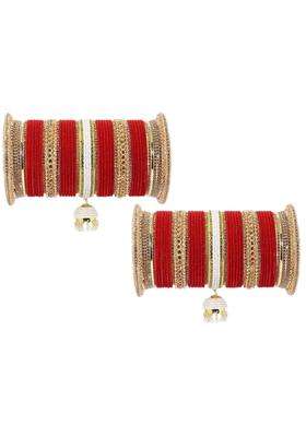 NMII Red Non Precious Metal with Base Metal and Zircon Gemstone with Pearls Studded Glossy Finished Kaleere