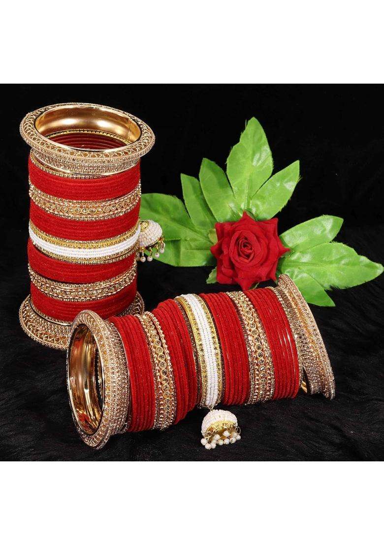 NMII Red Non Precious Metal with Base Metal and Zircon Gemstone with Pearls Studded Glossy Finished Kaleere - Indya