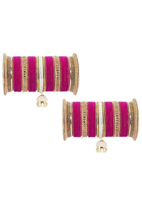 Zulka Magenta Non Precious Metal with Base Metal and Zircon Gemstone with Pearls Studded Glossy Finished