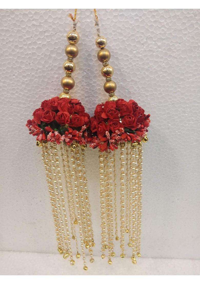 J Tushar Womens Fancy Floral Elegant Pearls Hangings Red Flower Kaleera Shera003 Multicolour Free Size - Indya