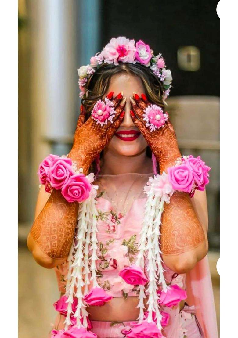 CIYA PLUS Traditional Pink Rose Flower Bracelets Kalire with Tiara and Finger Rings Adjustable - Indya