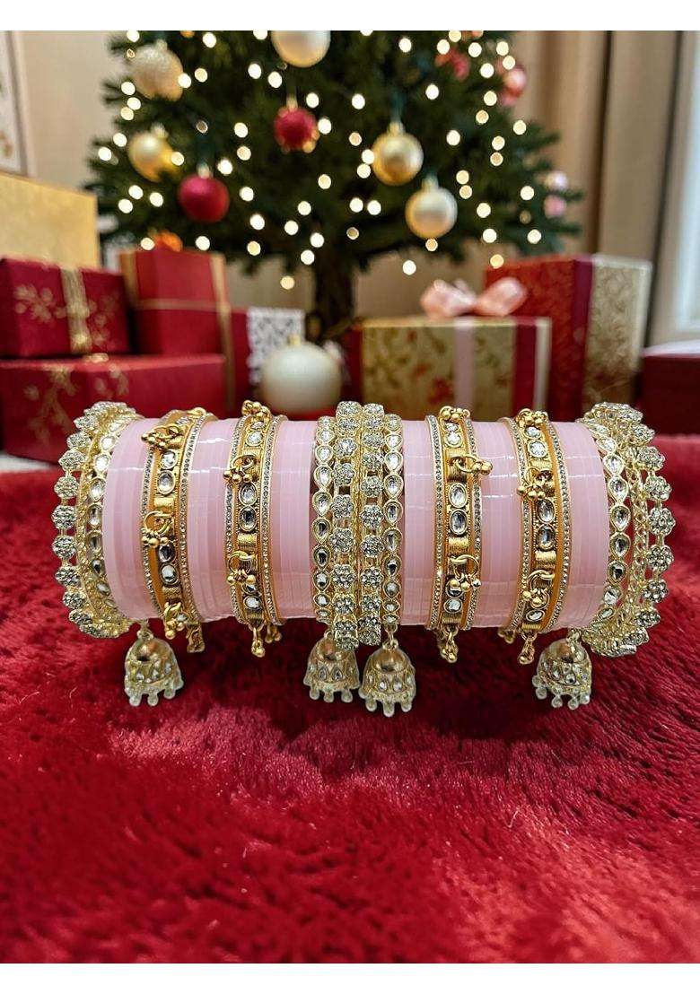 Pink AMA Creations Bridal Chura Set for Women Designer Kundan Stone Bangles Set with Jhumka Latkan - Indya