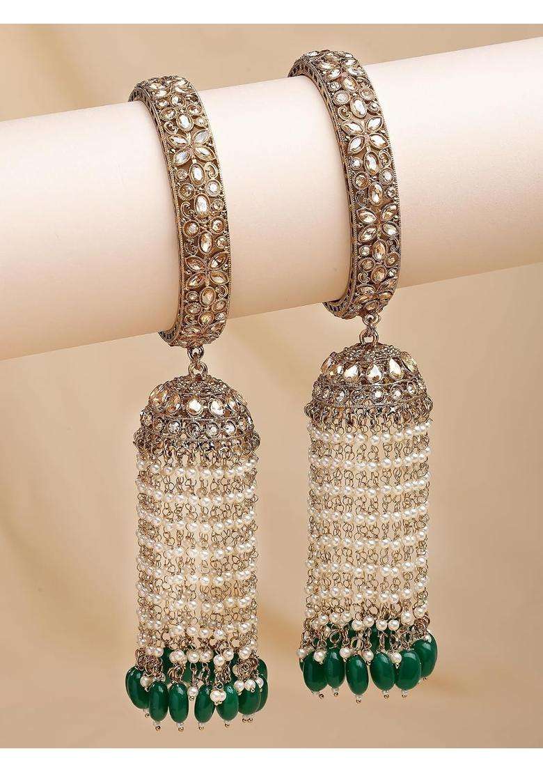 Karatcart Antique Gold Plated Kundan and Green Bead Bridal Kaleere Style Bangles for Women - Indya