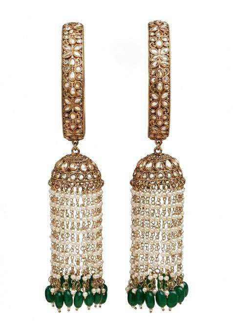 Karatcart Antique Gold Plated Kundan and Green Bead Bridal Kaleere Style Bangles for Women