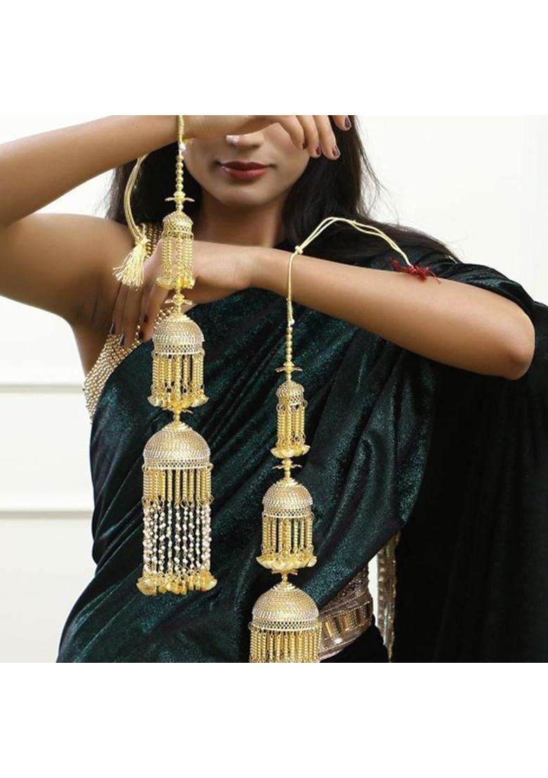 Adwitiya Collection Gold Plated Pearls and Leaf Handcrafted Beautiful Bridal 3 Layered Wedding Kaleeras - Indya