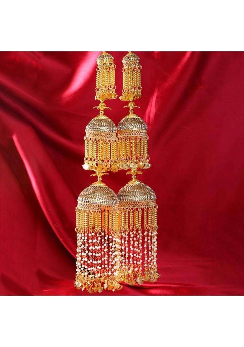 Adwitiya Collection Gold Plated Pearls and Leaf Handcrafted Beautiful Bridal 3 Layered Wedding Kaleeras - Indya