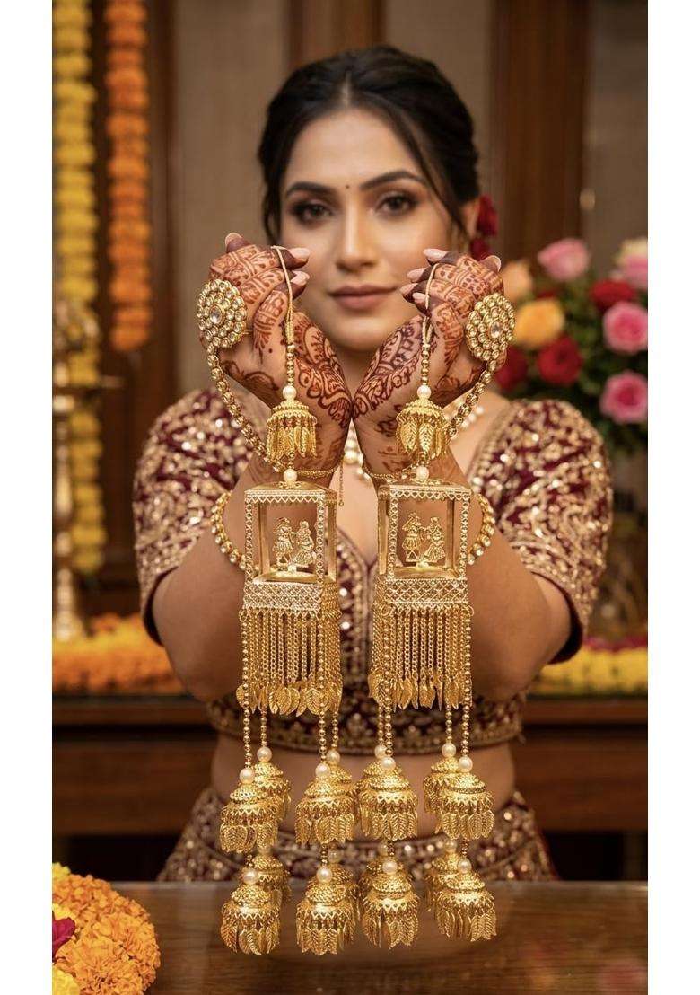 R K M Collections Brass Bridal Kalire for Girls Gold and Off White Traditional Indian Pearl Beaded Chain - Indya