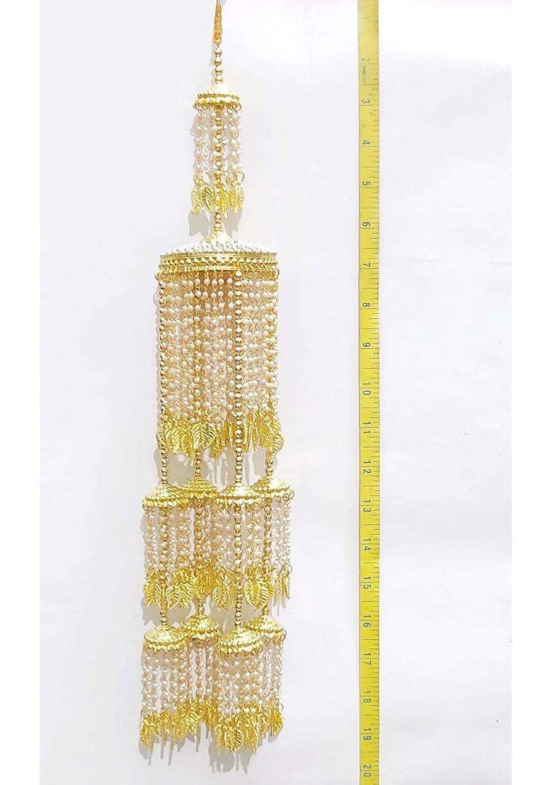 RKM Collections Golden Non Precious Metal Pearl Kalire with Jhumkis Attached with Adjustable Dori for Women - Indya