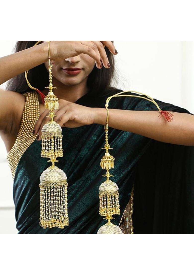 Adwitiya Collection Gold Plated Pearls and Leaf Handcrafted Beautiful Bridal 3 Layered Kaleeras - Indya