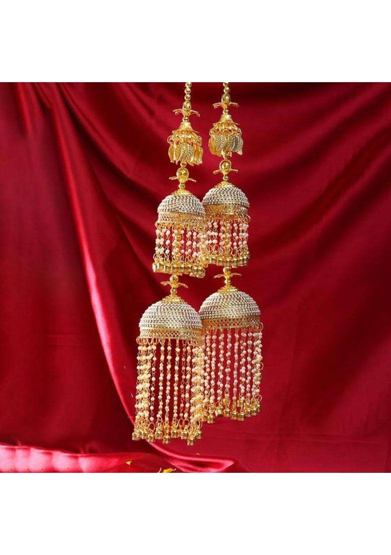 Adwitiya Collection Gold Plated Pearls and Leaf Handcrafted Beautiful Bridal 3 Layered Kaleeras - Indya