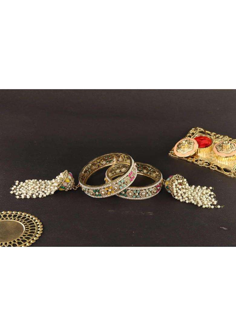 NMII Premium Alloy Latkan Kada Set Studded with Beads and Zircon Gemstone for Women and Girls Set of 2 - Indya