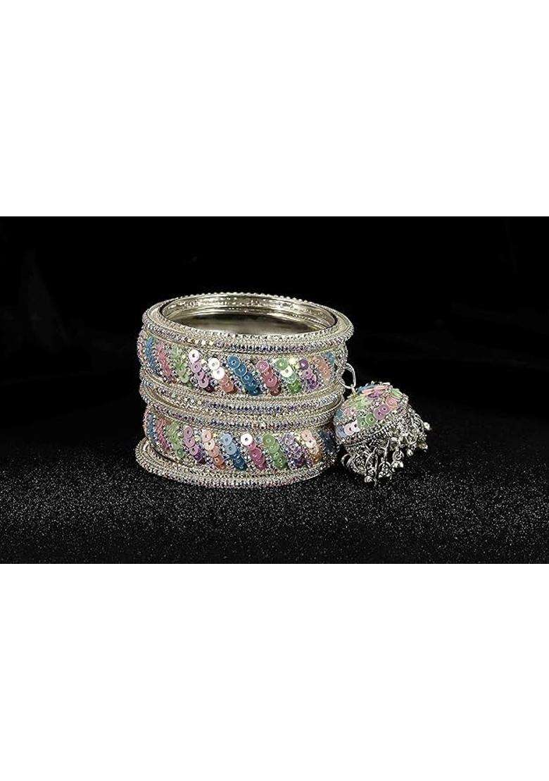 Bangleskart Metal Zircon Stone and Colorful Beads Latkan Bangles Set for Women and Girls Kaleere Set of 6 - Indya