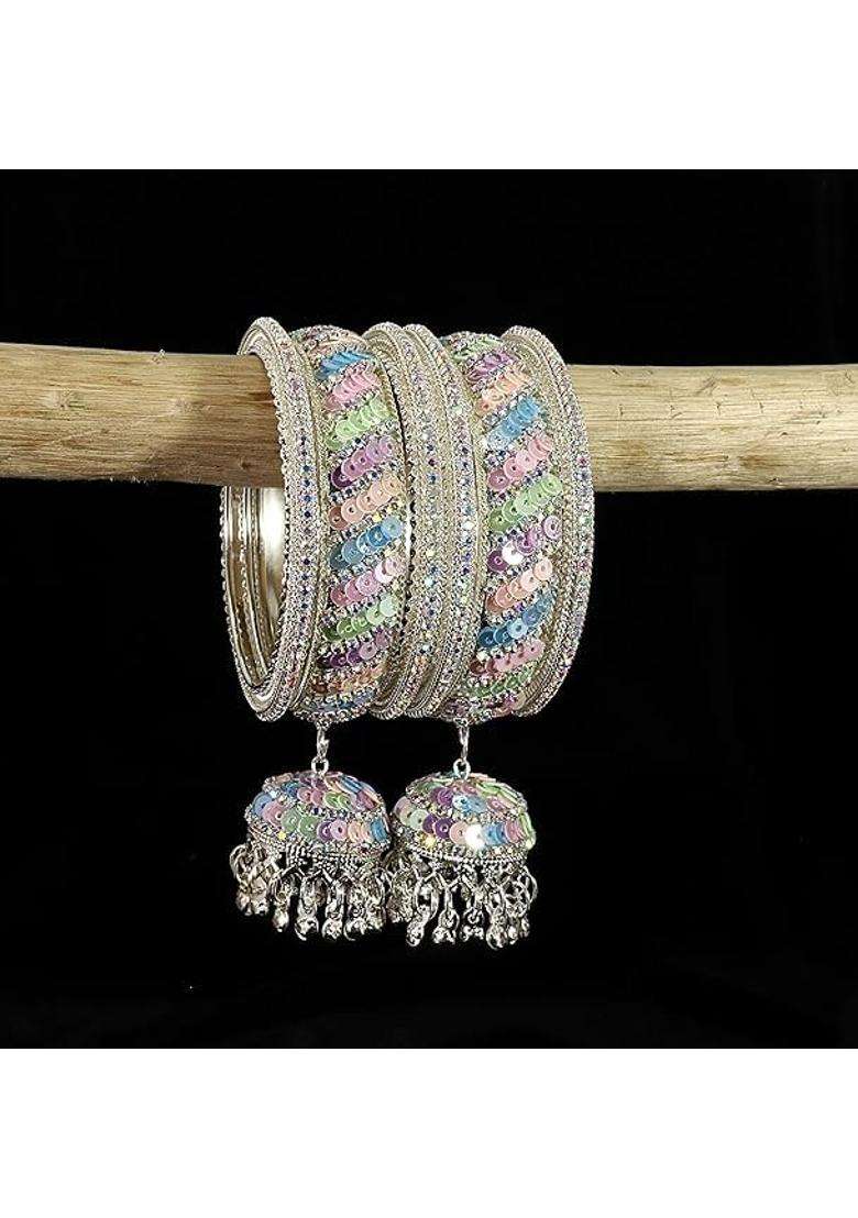 Bangleskart Metal Zircon Stone and Colorful Beads Latkan Bangles Set for Women and Girls Kaleere Set of 6 - Indya