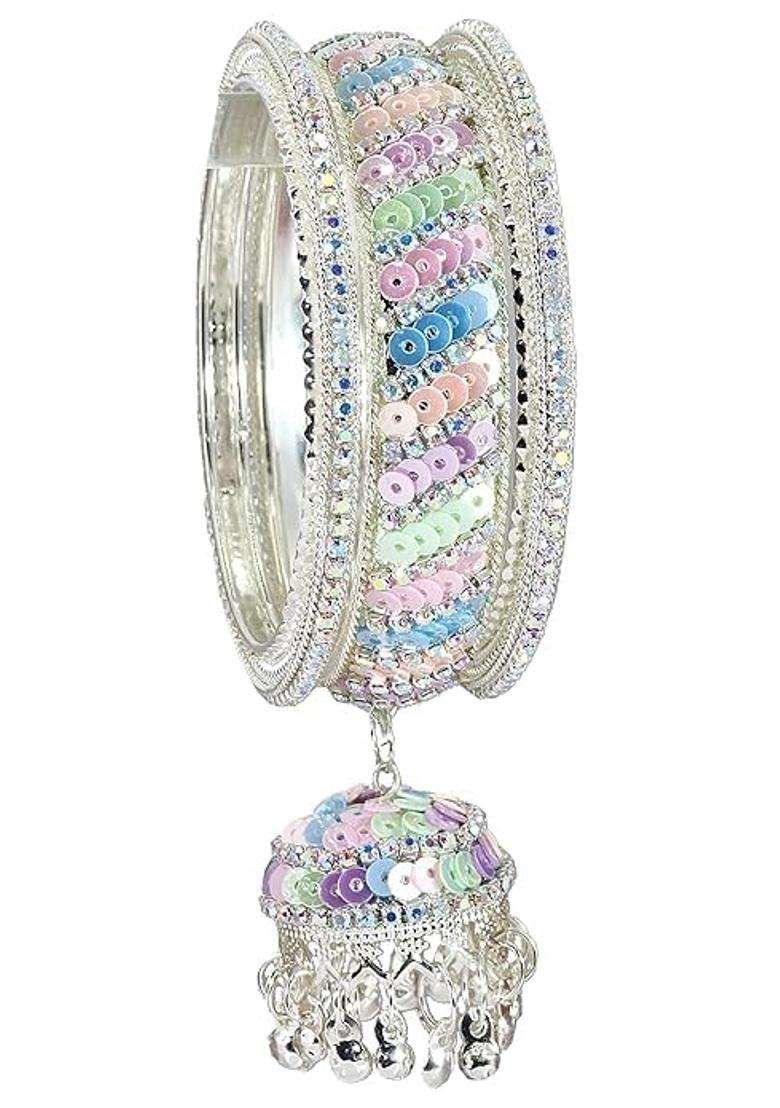 Bangleskart Metal Zircon Stone and Colorful Beads Latkan Bangles Set for Women and Girls Kaleere Set of 6 - Indya