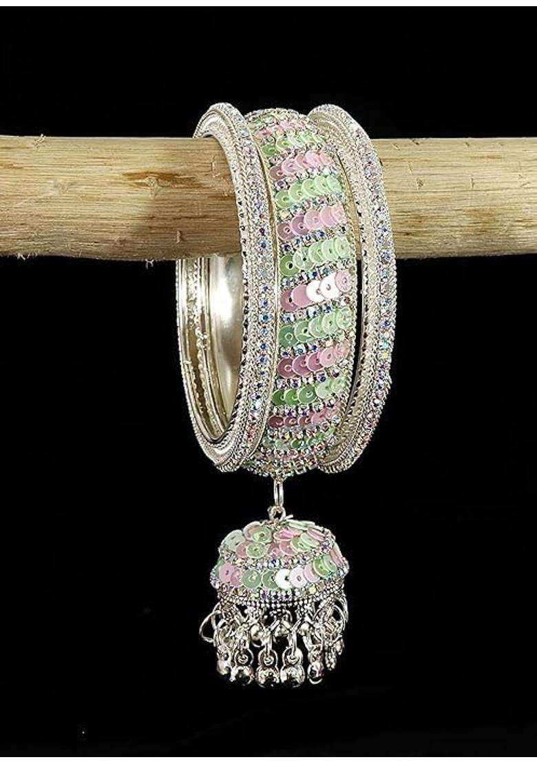 Bangleskart Metal Zircon Stone and Colorful Beads Latkan Bangles Set for Women and Girls Kaleere Set of 6 - Indya