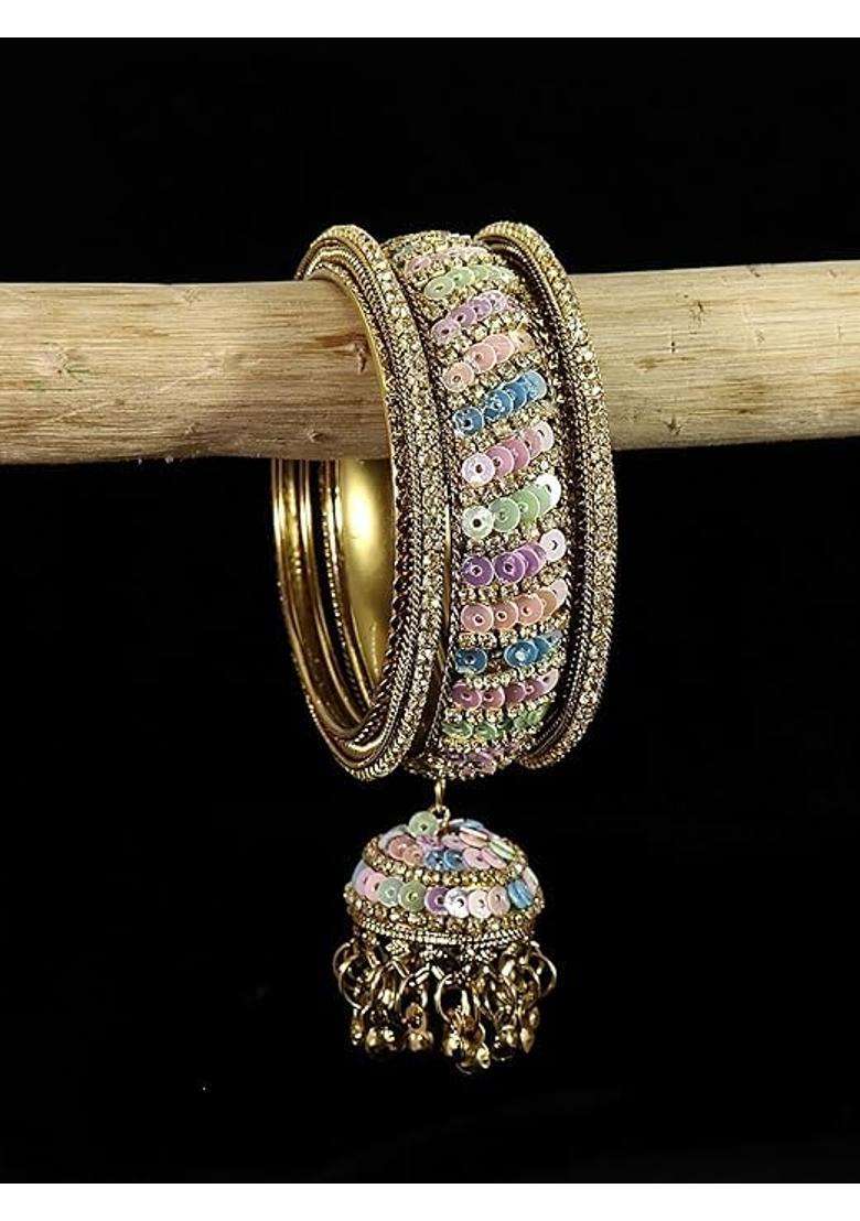 Bangleskart Metal Zircon Stone and Colorful Beads Latkan Bangles Set for Women and Girls Kaleere Set of 6 - Indya