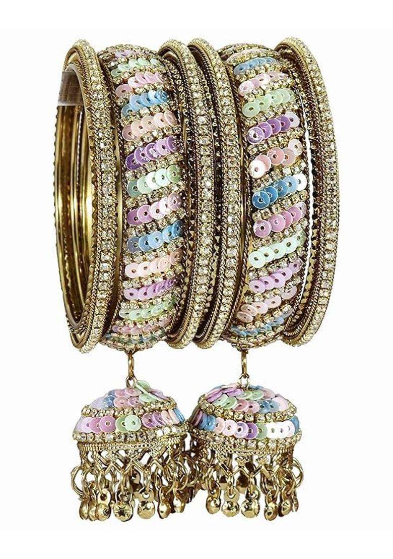 Bangleskart Metal Zircon Stone and Colorful Beads Latkan Bangles Set for Women and Girls Kaleere Set of 6 - Indya