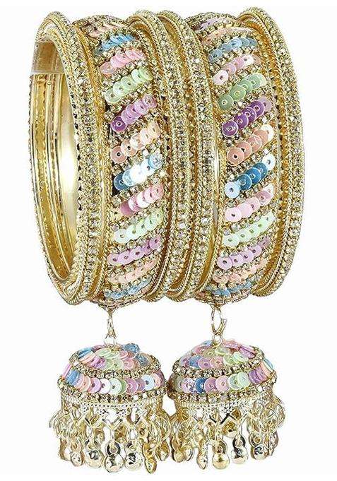 Bangleskart Metal Zircon Stone and Colorful Beads Latkan Bangles Set for Women and Girls Kaleere Set of 6