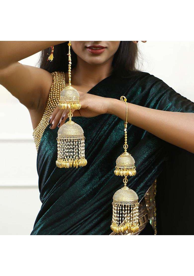 Adwitiya Collection Gold Plated Pearls and Leaf Handcrafted Beautiful Bridal 2 Layered Kaleeras - Indya