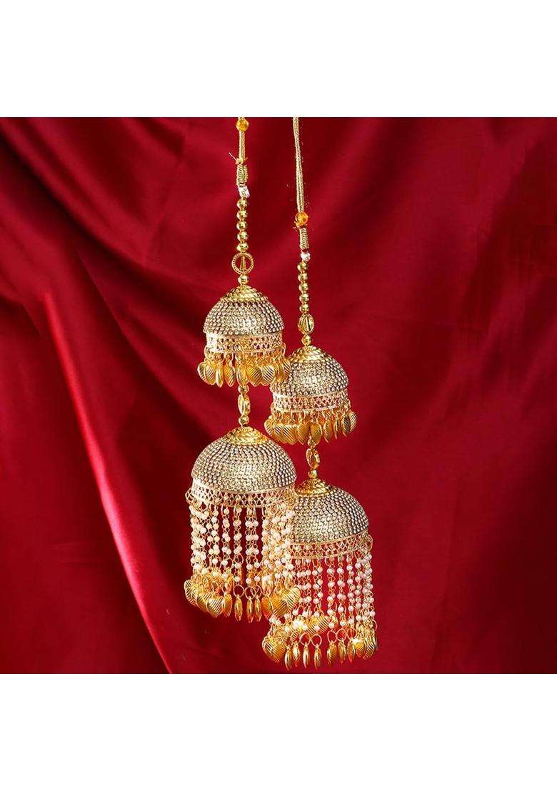 Adwitiya Collection Gold Plated Pearls and Leaf Handcrafted Beautiful Bridal 2 Layered Kaleeras - Indya