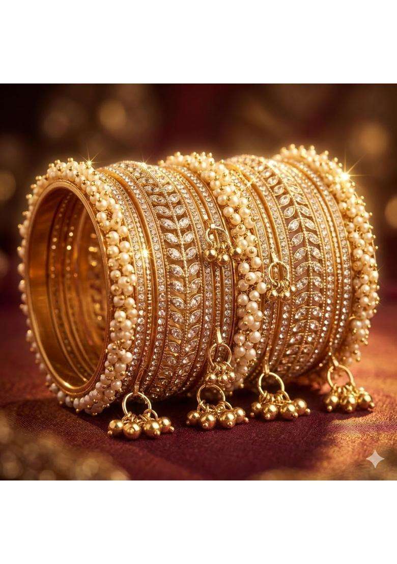 Bbsgga Ggabbs Bridal Chuda Set for Women Gold Plated Pearl and Stone Bangles Set Wedding Punjabi Chura - Indya