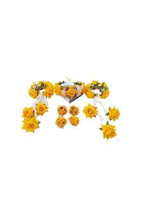 Yellow Flower Jewellery Bracelet Set with Kalire Crown and Adjustable Finger Rings for Women and Girls