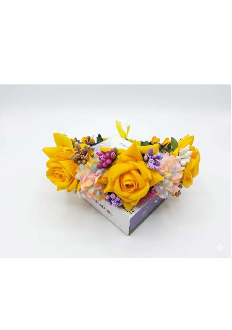 Yellow Flower Jewellery Bracelet Set with Kalire Crown and Adjustable Finger Rings for Women and Girls - Indya