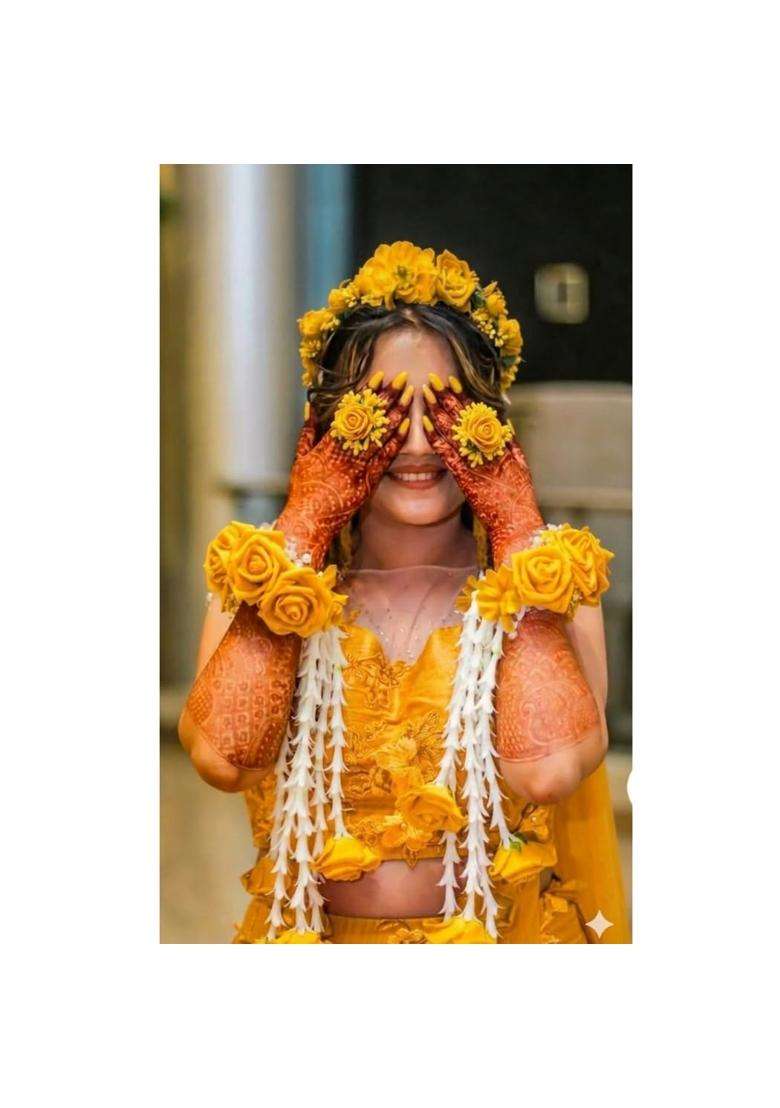 Yellow Flower Jewellery Bracelet Set with Kalire Crown and Adjustable Finger Rings for Women and Girls - Indya